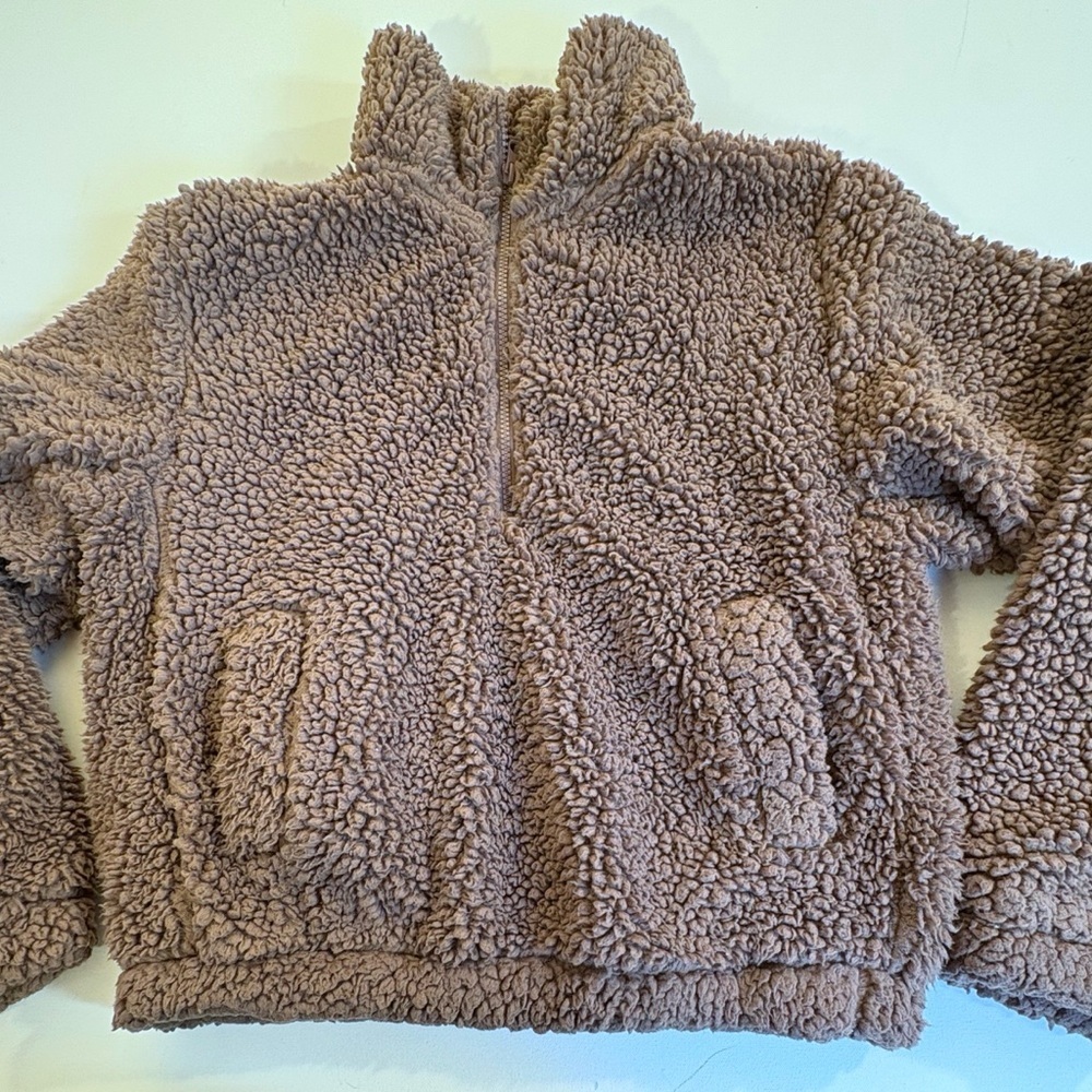 SAGE Collective Small Taupe Sherpa Teddy Fleece Quarter Zip Pullover Sweatshirt - Picture 3 of 5
